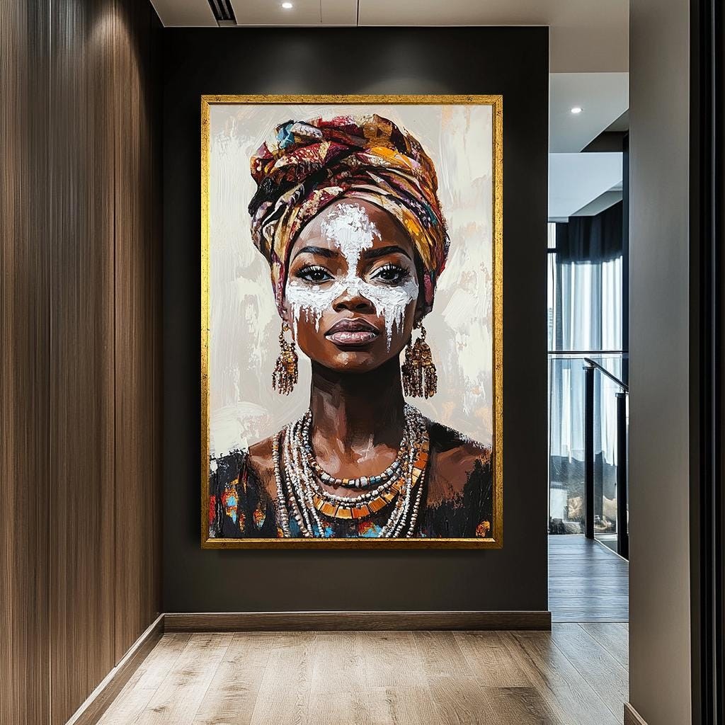 African Woman Portrait Wall Art, Bold Tribal Canvas, Cultural Expressi