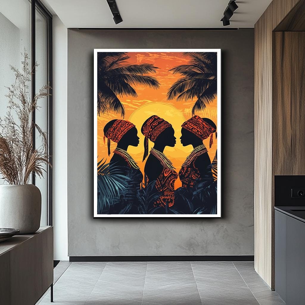 African Sunset Silhouette Canvas Print - Tribal Women Wall Art - Bold 