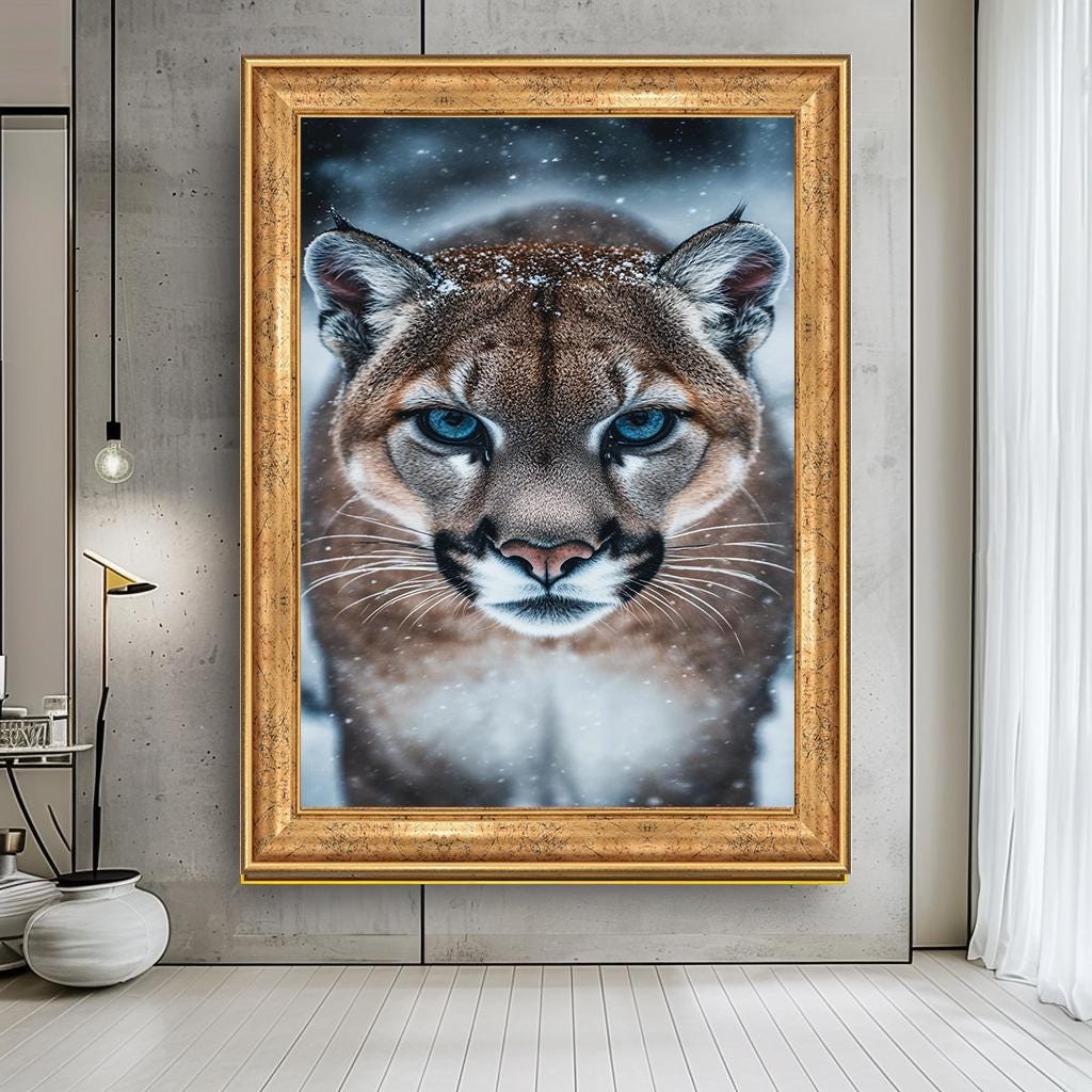 Snow Leopard Wall Art, Fierce Mountain Lion Canvas, Wild Animal Portra