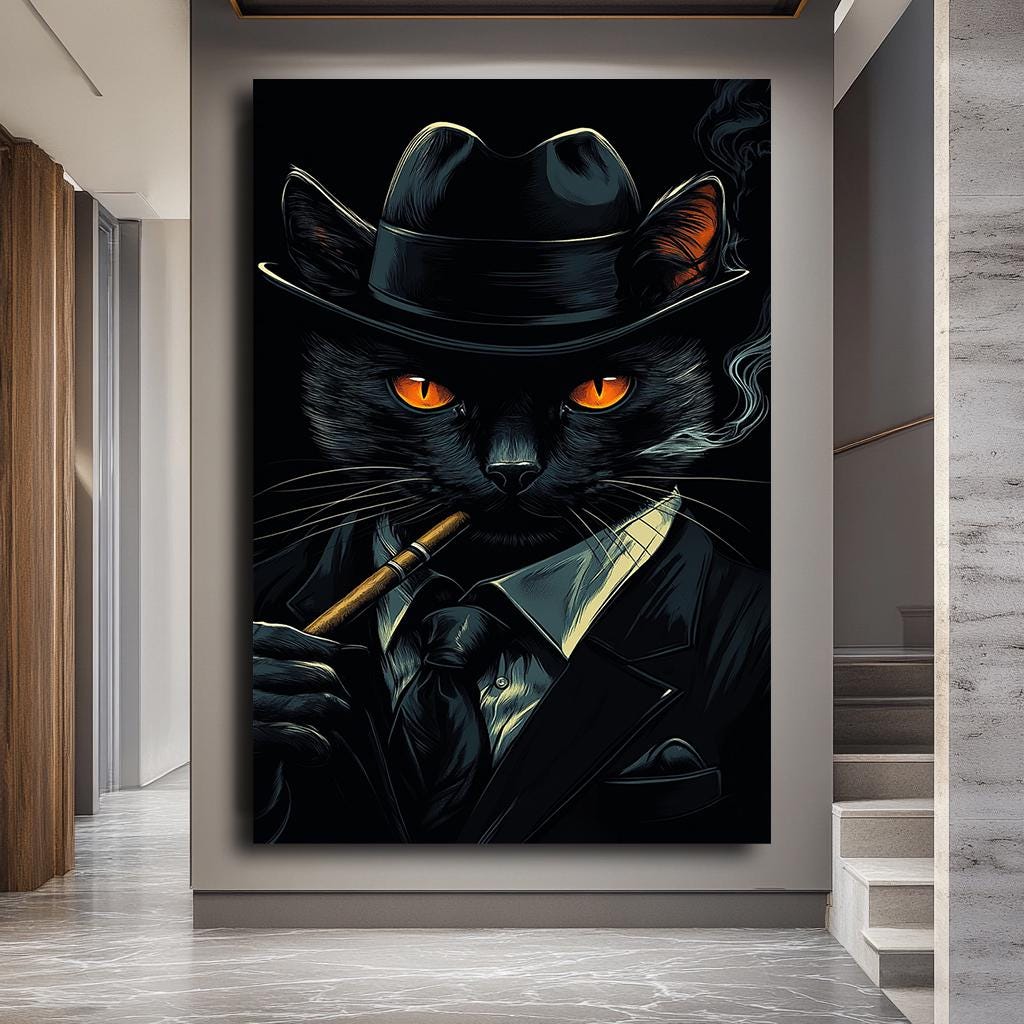 Sofistike Takım Elbiseli Kedi Kanvas Baskı, Şapkalı ve Purolu Şık Kedi Duvar Sanatı, Oturma Odası için Cesur ve Zarif Hayvan Portresi, Ev Dekorasyonu