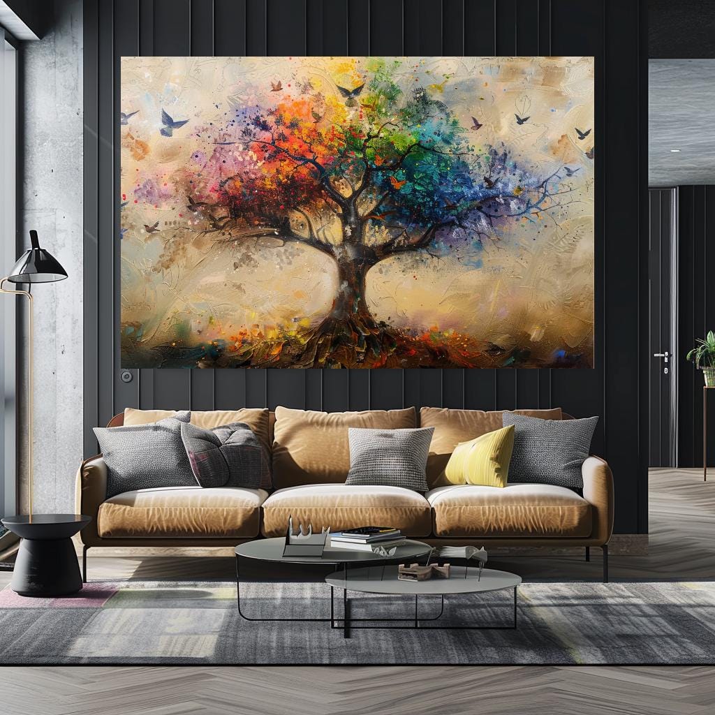 Colorful Tree of Life Canvas Print, Large Whimsical Wall Art, Vibrant 
