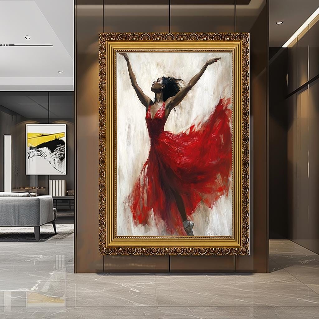 African Ballerina in Red Dress Canvas Print, Graceful Dance Art, Dynam