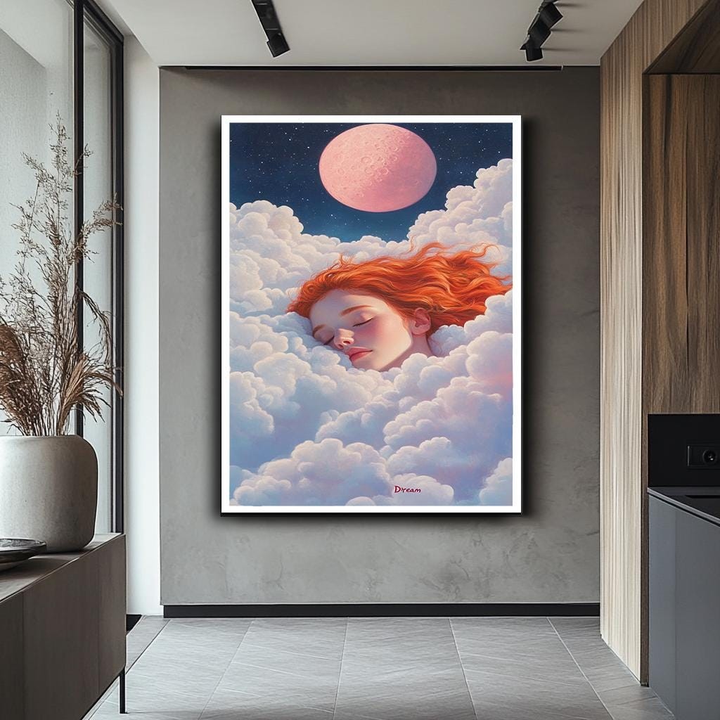 Dreamy Girl in Clouds with Pink Moon Canvas Art | Surreal Sleep-Inspir