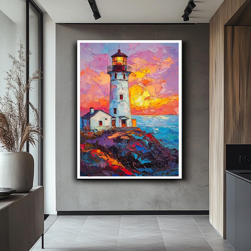 Canlı Deniz Feneri Kanvas Baskı, Renkli Gün Batımı Deniz Manzarası Resim, Oturma Odası için Dokulu Kıyı Duvar Sanatı, Cesur Okyanus Manzarası Dekoru