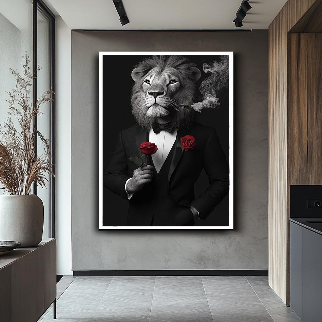 Lion Wall Art in Tuxedo - Modern Animal Portrait, Smoking Lion with Ro