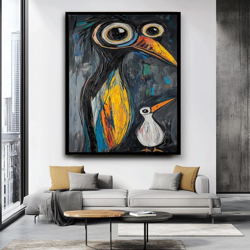 Abstract Bird Wall Art, Colorful Penguin Painting, Quirky Animal Canva