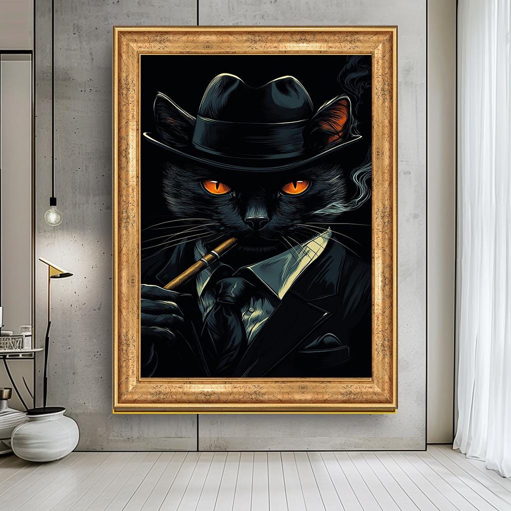 Sofistike Takım Elbiseli Kedi Kanvas Baskı, Şapkalı ve Purolu Şık Kedi Duvar Sanatı, Oturma Odası için Cesur ve Zarif Hayvan Portresi, Ev Dekorasyonu