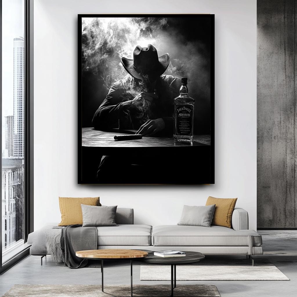 Western Cowboy Black and White Canvas Print, Cigar and Whiskey Wall Ar