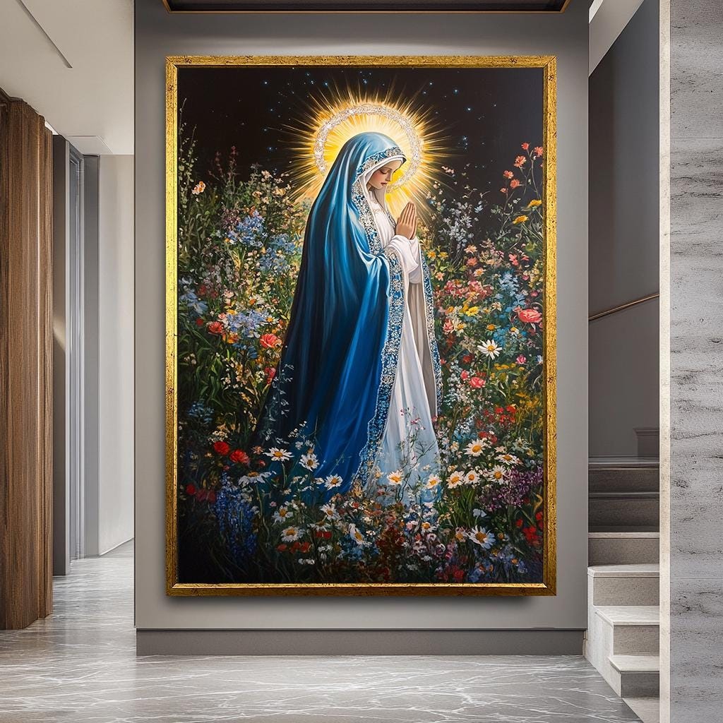 Meryem Ana Kanvas Duvar Sanatı - Çiçekli Dini Ev Dekorasyonu - Hristiyan Kanvas Baskı - İlham Veren Kutsal Anne Tablosu,Duvar Sanatı