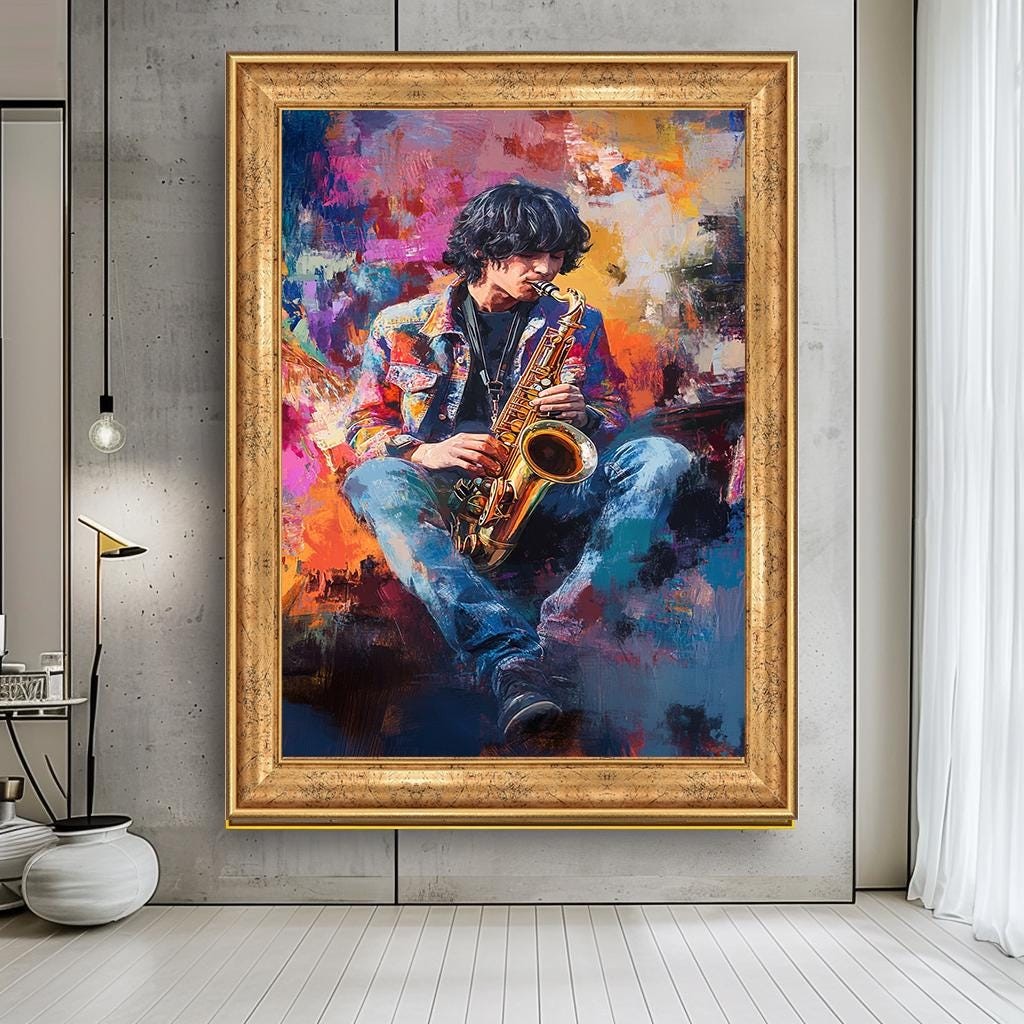Colorful Saxophone Player Wall Art, Abstract Musician Canvas, Vibrant 