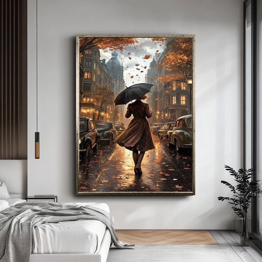 Rainy Street Scene Wall Art, Elegant Woman with Umbrella Canvas, Vinta