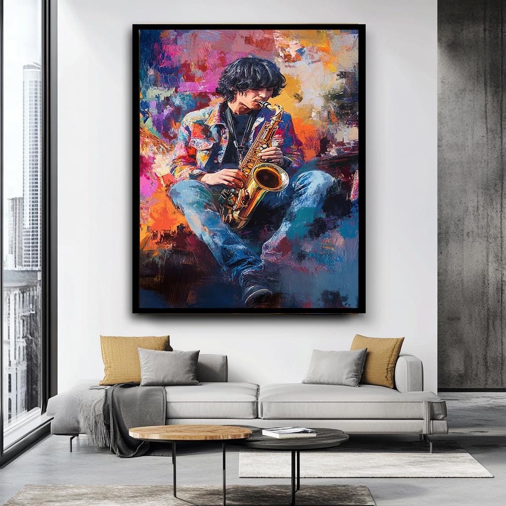 Colorful Saxophone Player Wall Art, Abstract Musician Canvas, Vibrant 