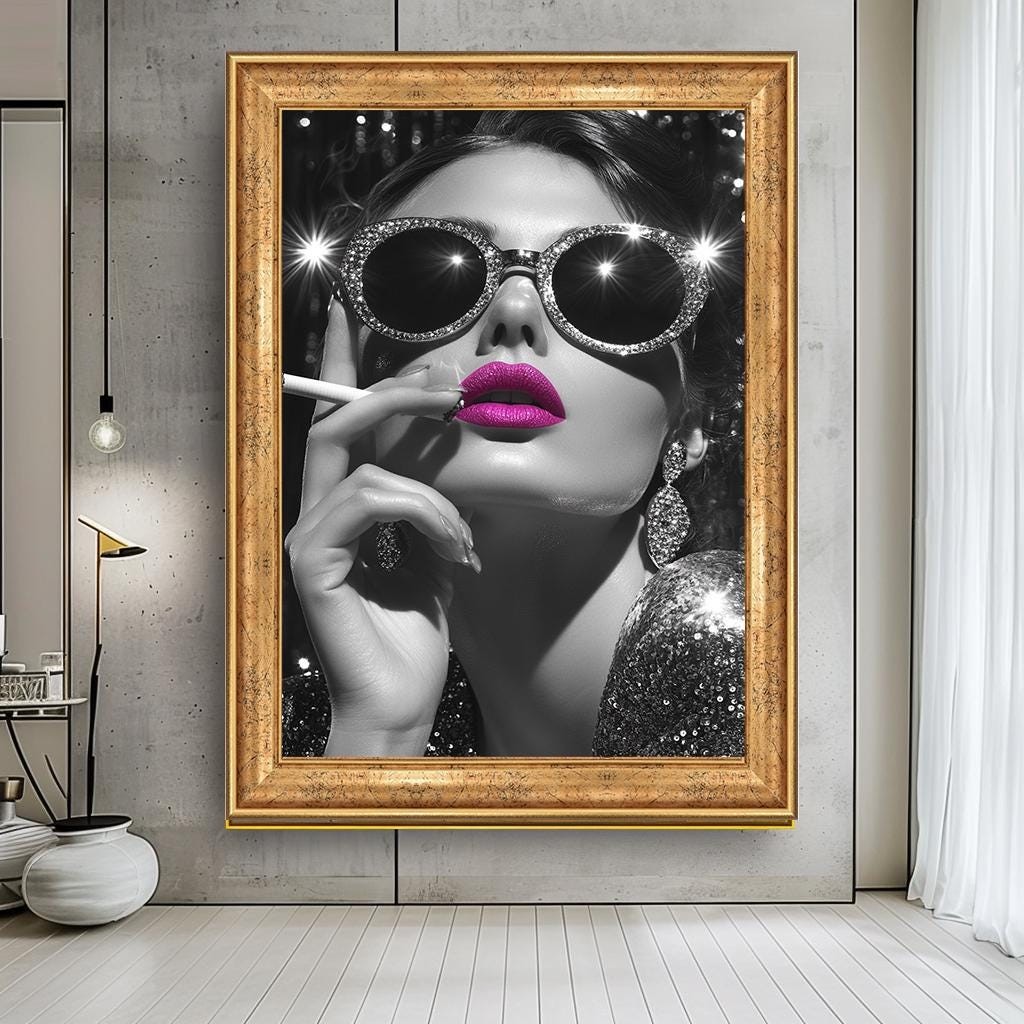 Glamorous Woman Wall Art with Pink Lips, Black and White Luxury Canvas