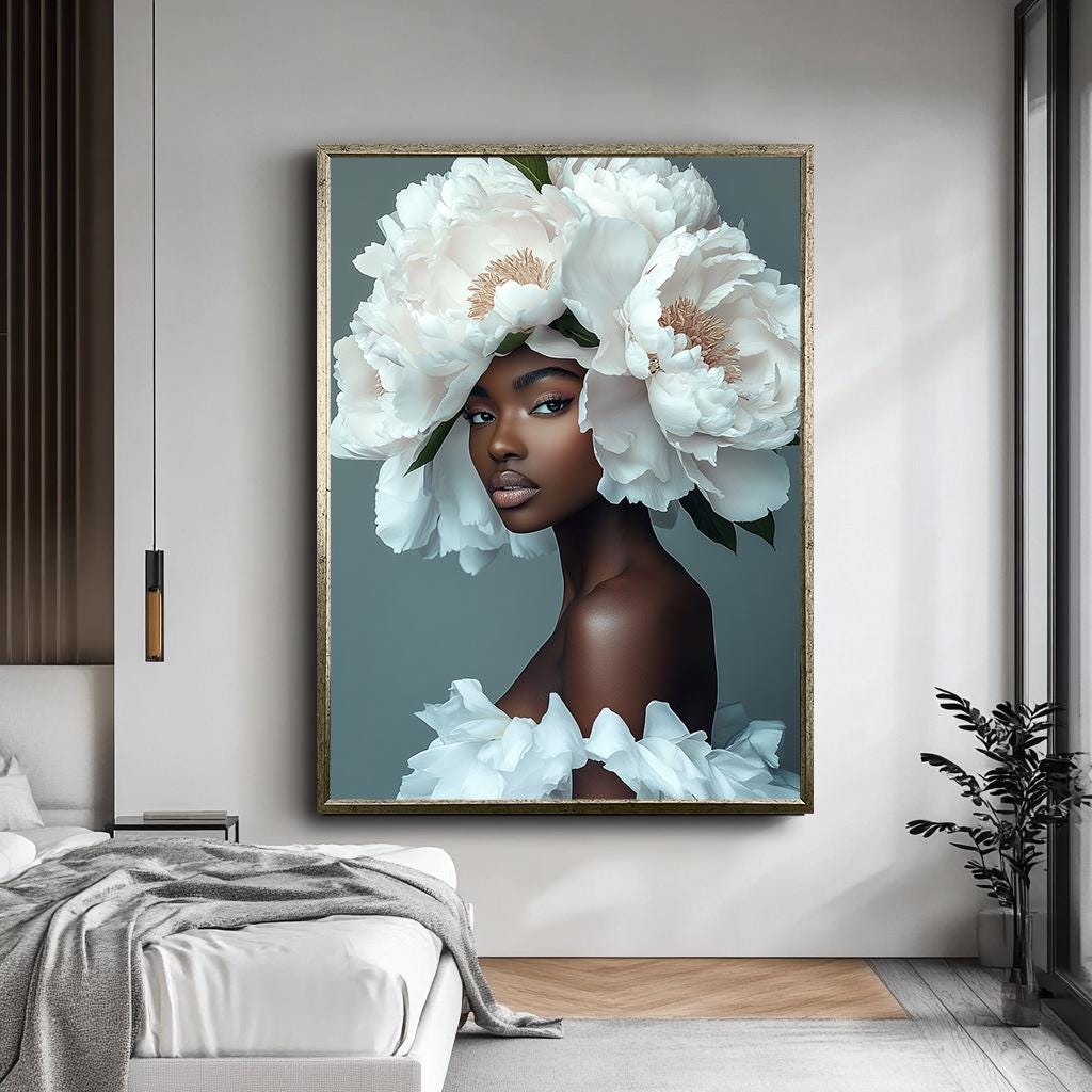 Çiçek Başlıklı Afrikalı Kadın Kanvas Tablo, Afrocentric Güzellik Duvar Sanatı, Zarif Afrika Kraliçesi Portresi, Modern Çiçekli Sanat Eseri