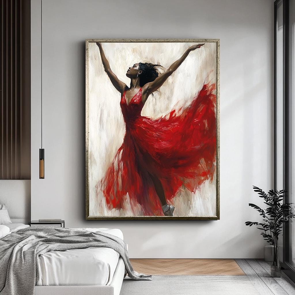 African Ballerina in Red Dress Canvas Print, Graceful Dance Art, Dynam