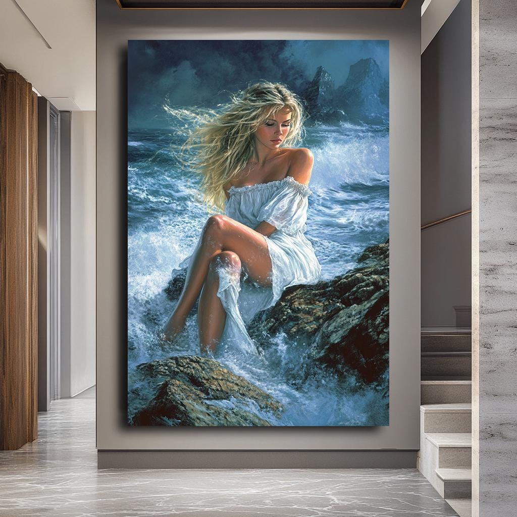 Romantic Woman on Rocks Canvas Art, Ocean Waves Wall Art, Serene Beach
