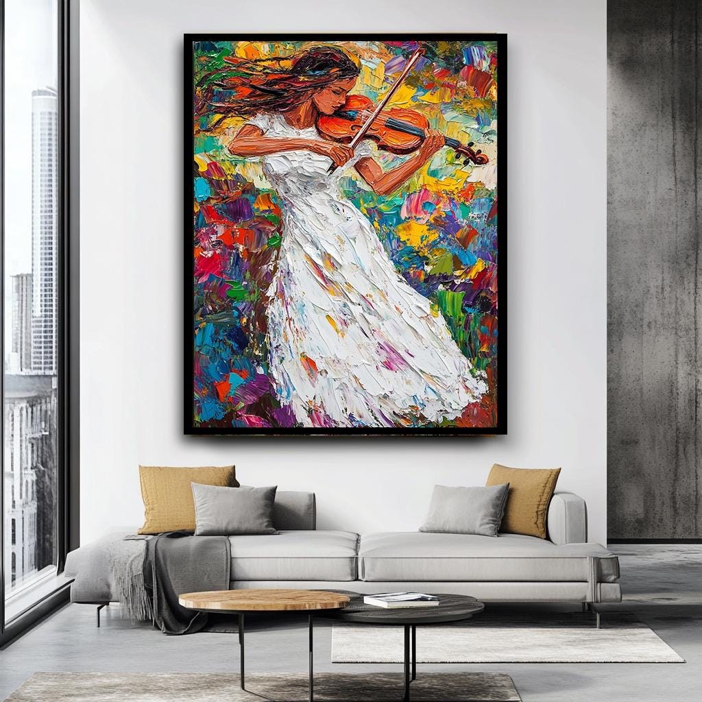 Colorful Violinist Canvas Art, Abstract Woman Playing Violin, Large Mu