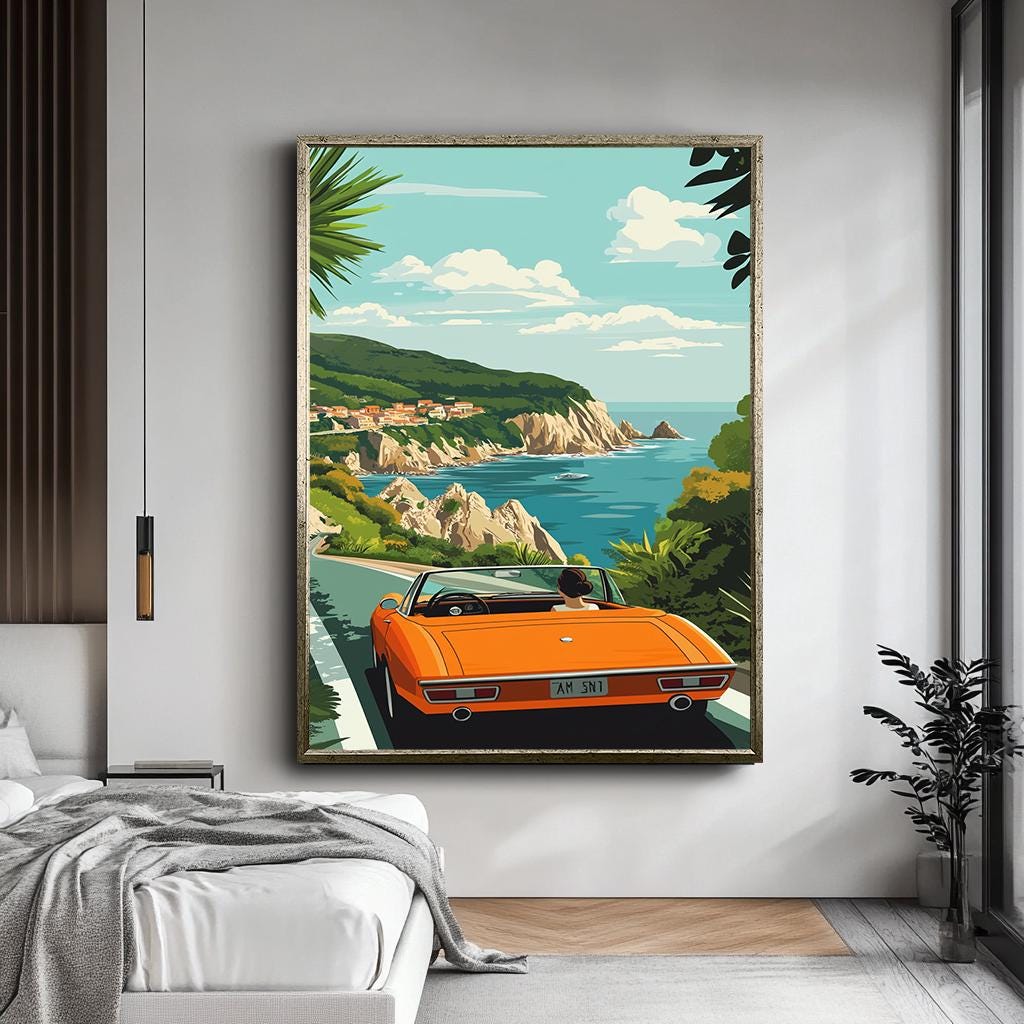 Coastal Road Trip Wall Art, Vintage Car by the Sea Canvas, Retro Trave