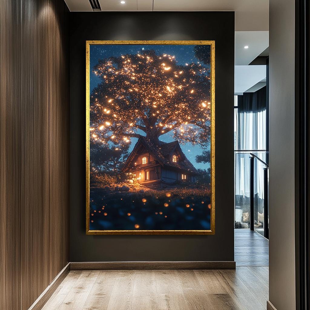 Magical Tree House Canvas Art | Cozy Cottage Under Starry Sky | Glowin