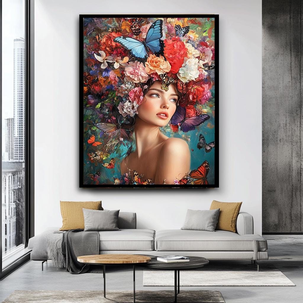 Floral Butterfly Woman Portrait Art, Colorful Nature-Inspired Canvas, 