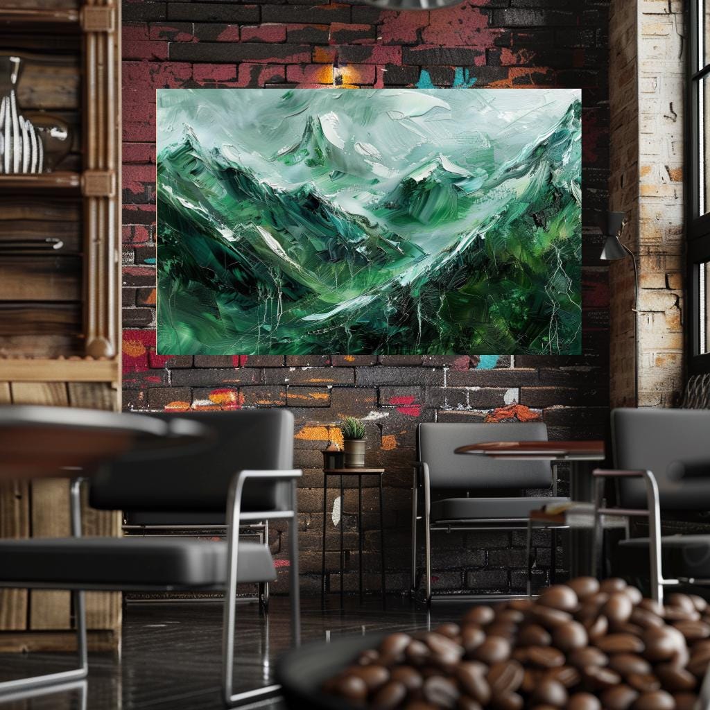 Large Canvas Print Mountain Landscape, Modern Abstract Wall Art, Green