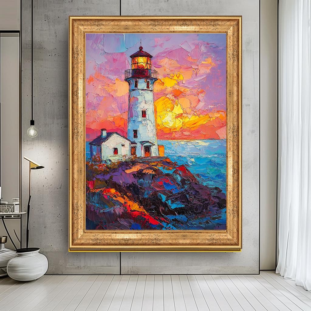 Vibrant Lighthouse Canvas Print, Colorful Sunset Seascape Painting, Te