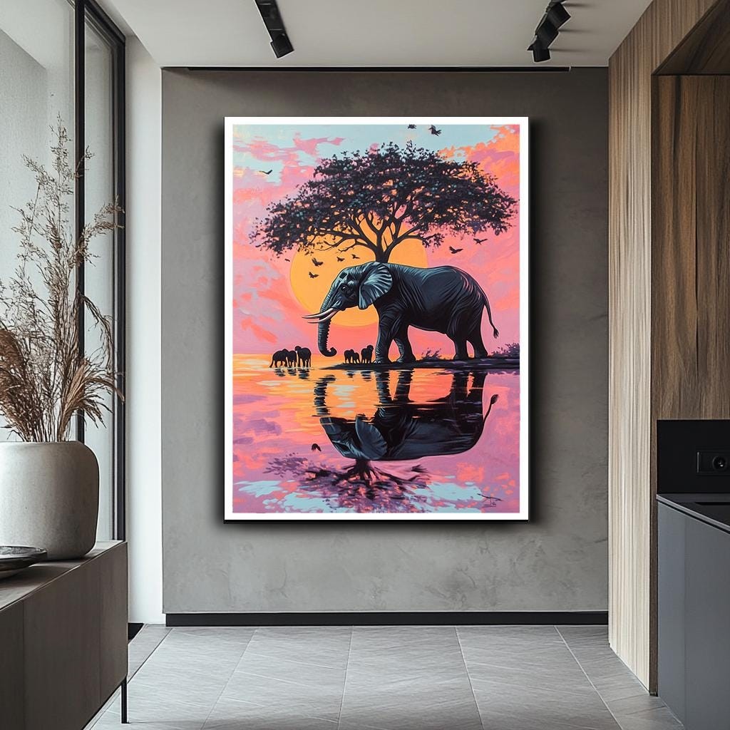 African Elephant Sunset Canvas Art | Colorful Safari Landscape Wall De