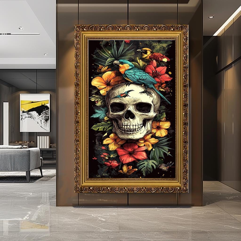 Skull and Parrots Canvas Art, Vibrant Floral Skull Artwork, Gothic Tro