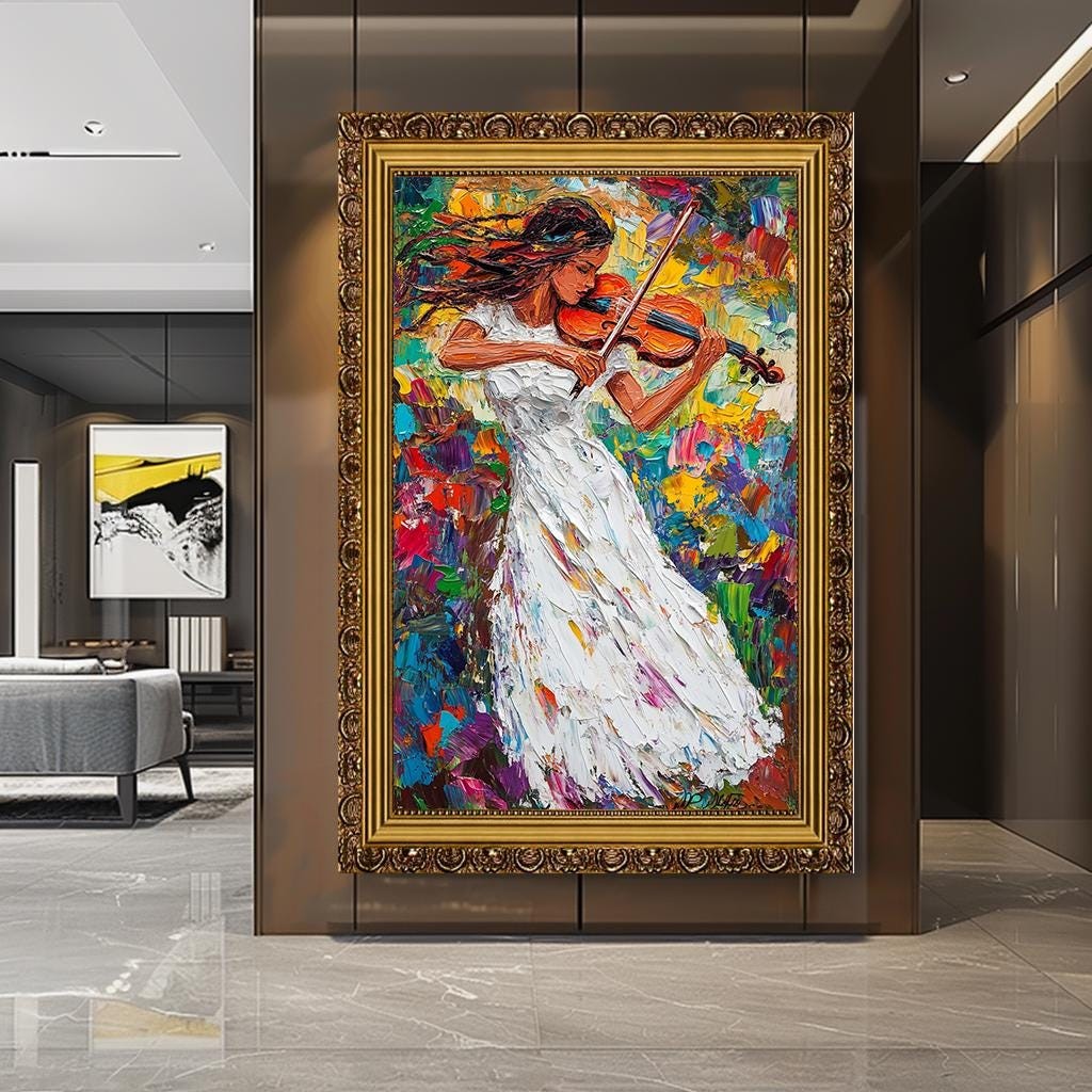 Colorful Violinist Canvas Art, Abstract Woman Playing Violin, Large Mu