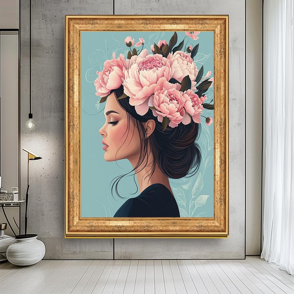 Floral Woman Portrait Wall Art, Elegant Flower Crown Canvas, Feminine 