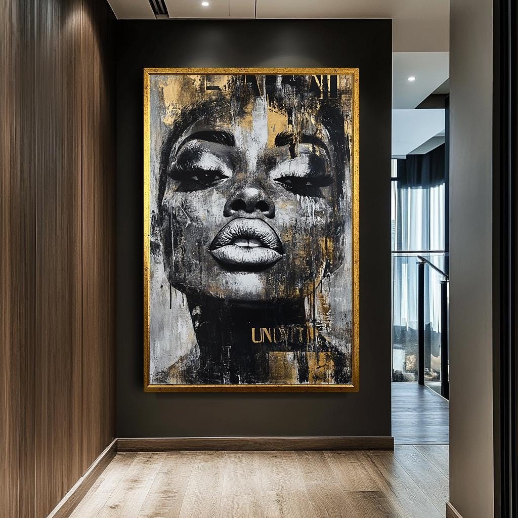 African Woman Portrait Wall Art, Abstract Female Face Canvas, Edgy Urb