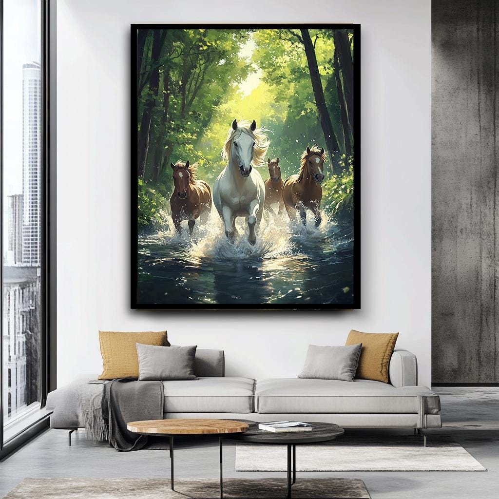 Majestic Horses Running Through Water Canvas Art, Nature-Inspired Anim