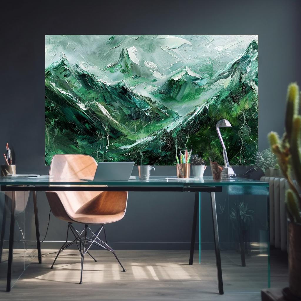 Large Canvas Print Mountain Landscape, Modern Abstract Wall Art, Green