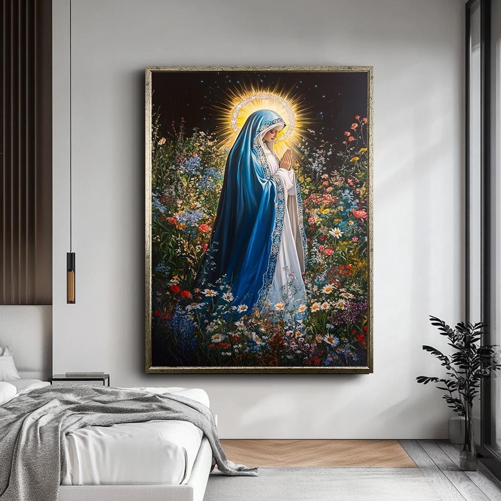 Meryem Ana Kanvas Duvar Sanatı - Çiçekli Dini Ev Dekorasyonu - Hristiyan Kanvas Baskı - İlham Veren Kutsal Anne Tablosu,Duvar Sanatı