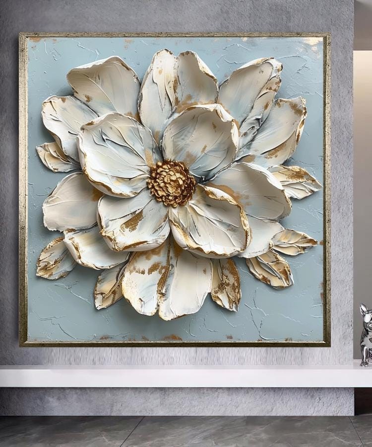 3D White Flower Canvas Wall Art - Elegant Textured Floral Painting wit