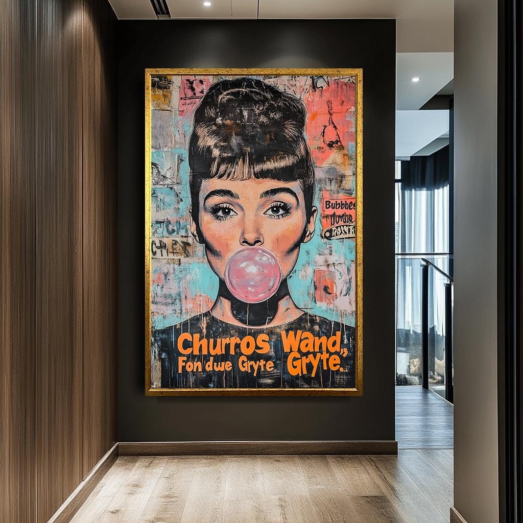 Audrey Hepburn Pop Art Canvas, Bubblegum Street Art Style, Large Moder