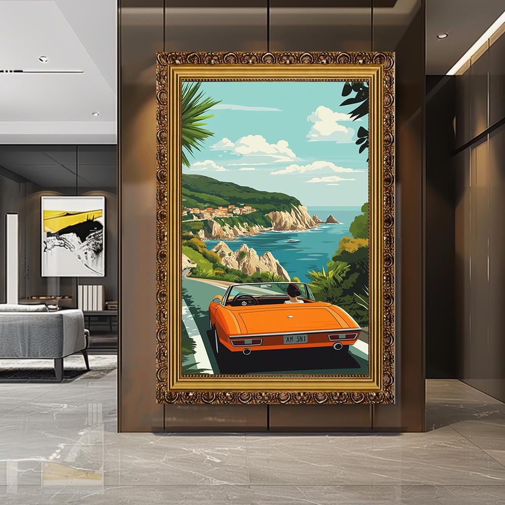 Coastal Road Trip Wall Art, Vintage Car by the Sea Canvas, Retro Trave