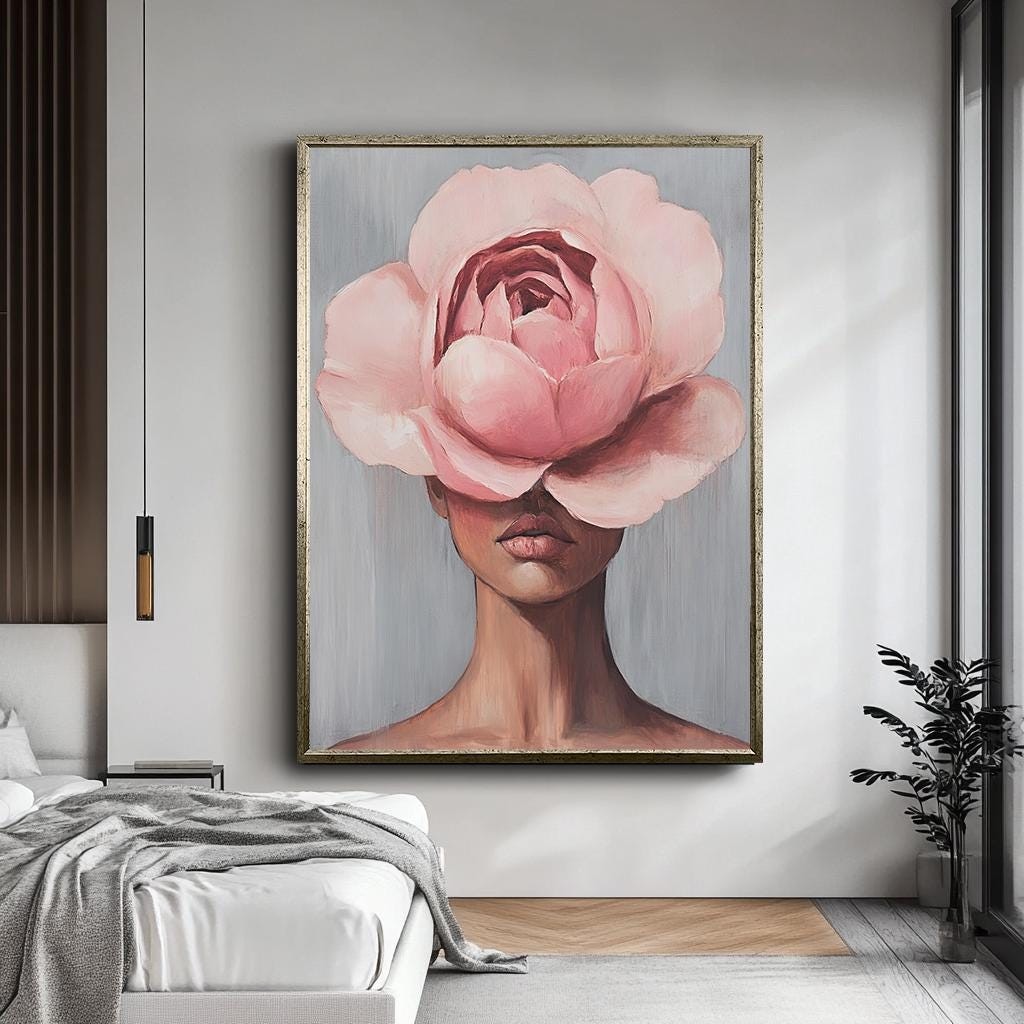 Floral Face Wall Art, Minimalist Woman with Pink Flower Canvas, Abstra