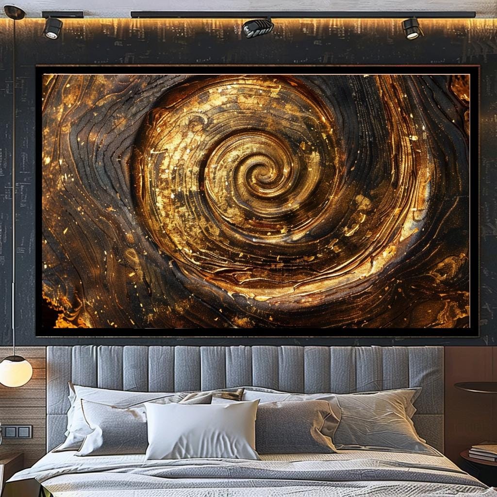 Golden Spiral Wall Art | Abstract Luxury Canvas Print | Modern Black G