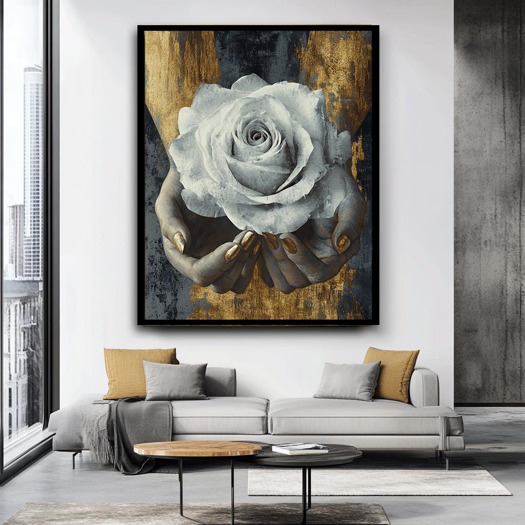 Elegant White Rose in Hands Wall Art, Gold and Gray Floral Canvas, Mod