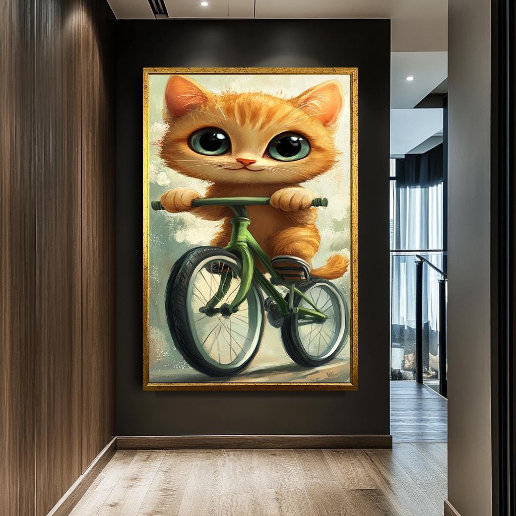 Cute Cat on Bicycle Art Print, Whimsical Animal Illustration, Adorable