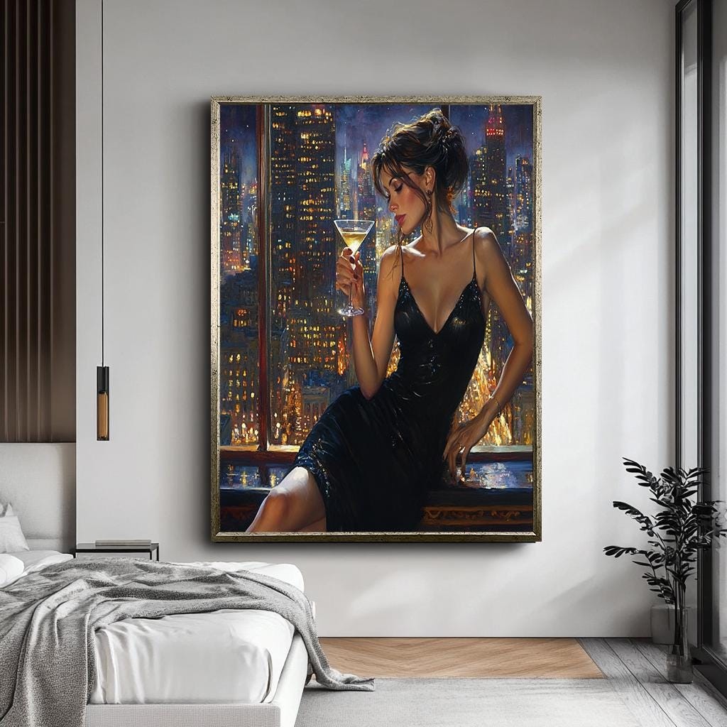 Woman in Black Dress Canvas Print, Sensual Cityscape Wall Art, Modern 