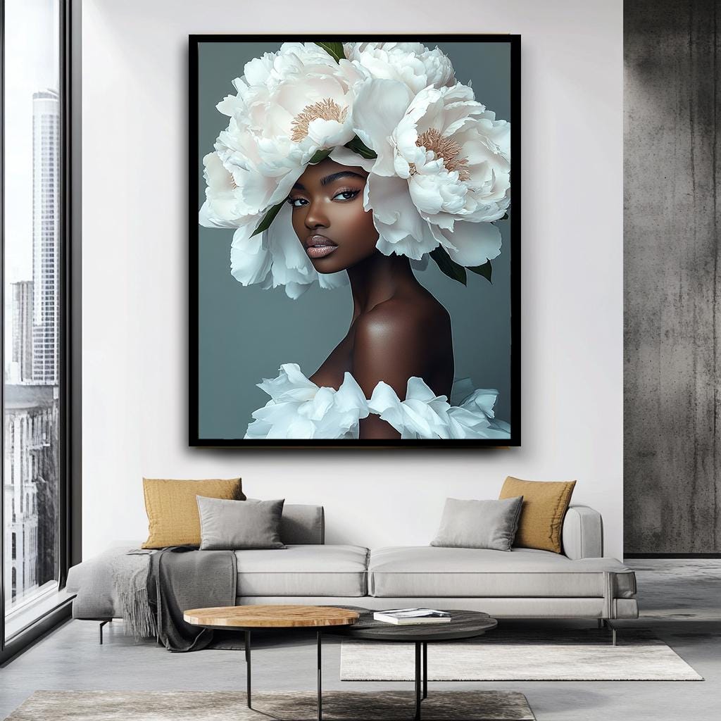 Çiçek Başlıklı Afrikalı Kadın Kanvas Tablo, Afrocentric Güzellik Duvar Sanatı, Zarif Afrika Kraliçesi Portresi, Modern Çiçekli Sanat Eseri