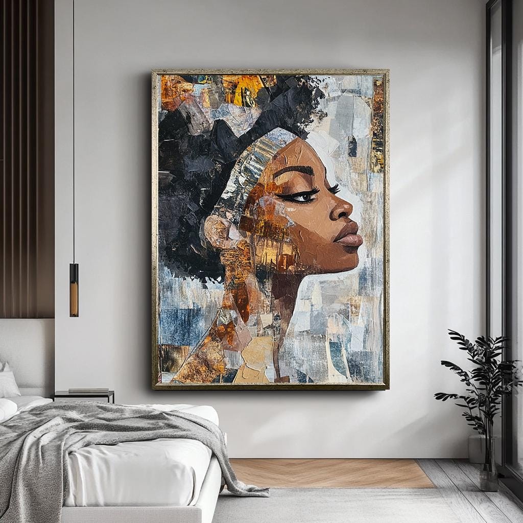 Abstract African Woman Portrait Wall Art, Bold Textured Canvas, Modern Ethnic Artwork