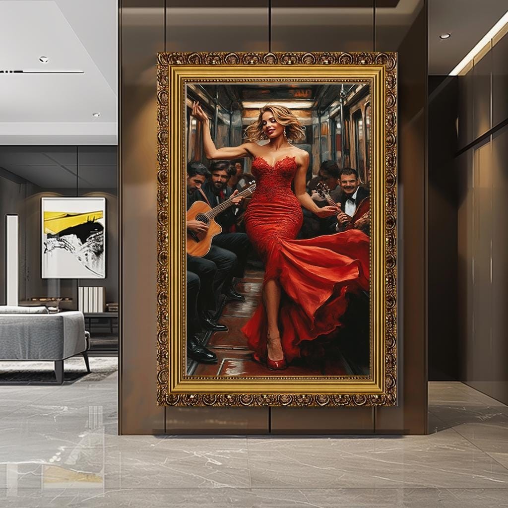 Glamorous Woman in Red Dress Canvas Print, Elegant Lady in Subway Art,