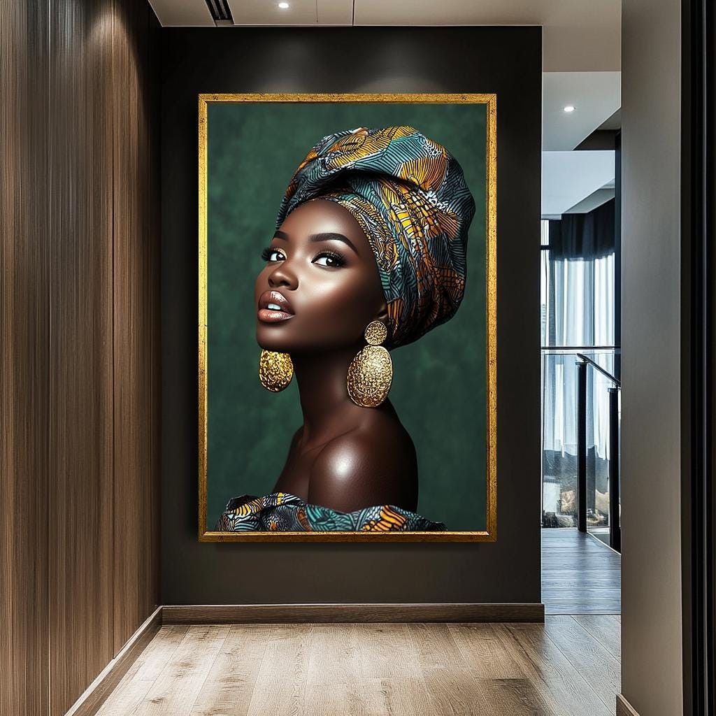 Elegant African Woman with Headwrap Canvas Print, Afrocentric Portrait