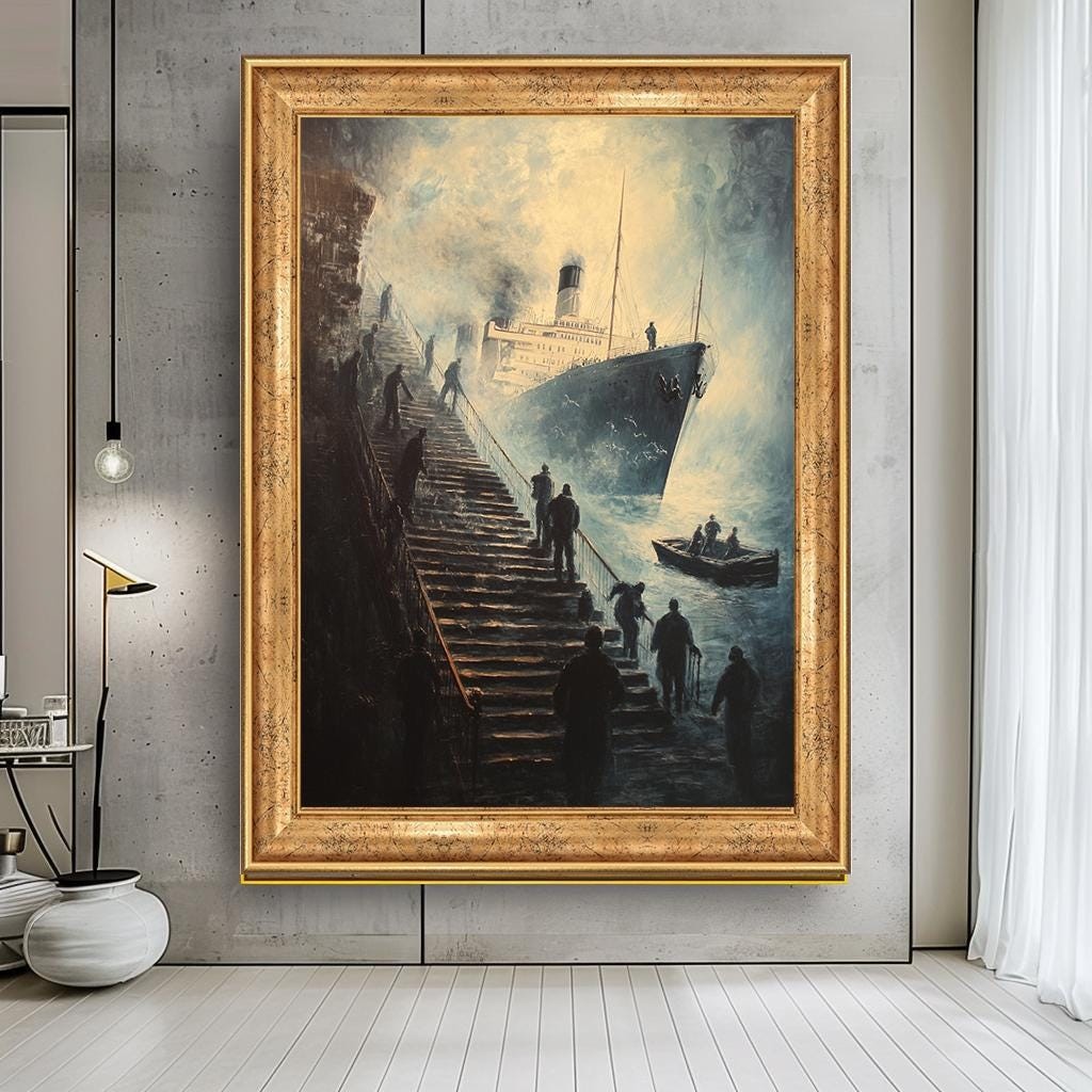 Dramatic Ship Stairs Wall Art, Surreal Maritime Canvas Print, Vintage 