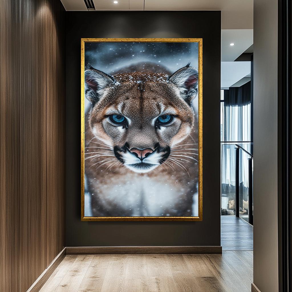Snow Leopard Wall Art, Fierce Mountain Lion Canvas, Wild Animal Portra