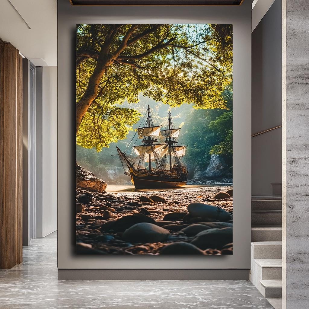 Vintage Ship in Forest Cove Wall Art – Scenic Nautical Canvas Print wi
