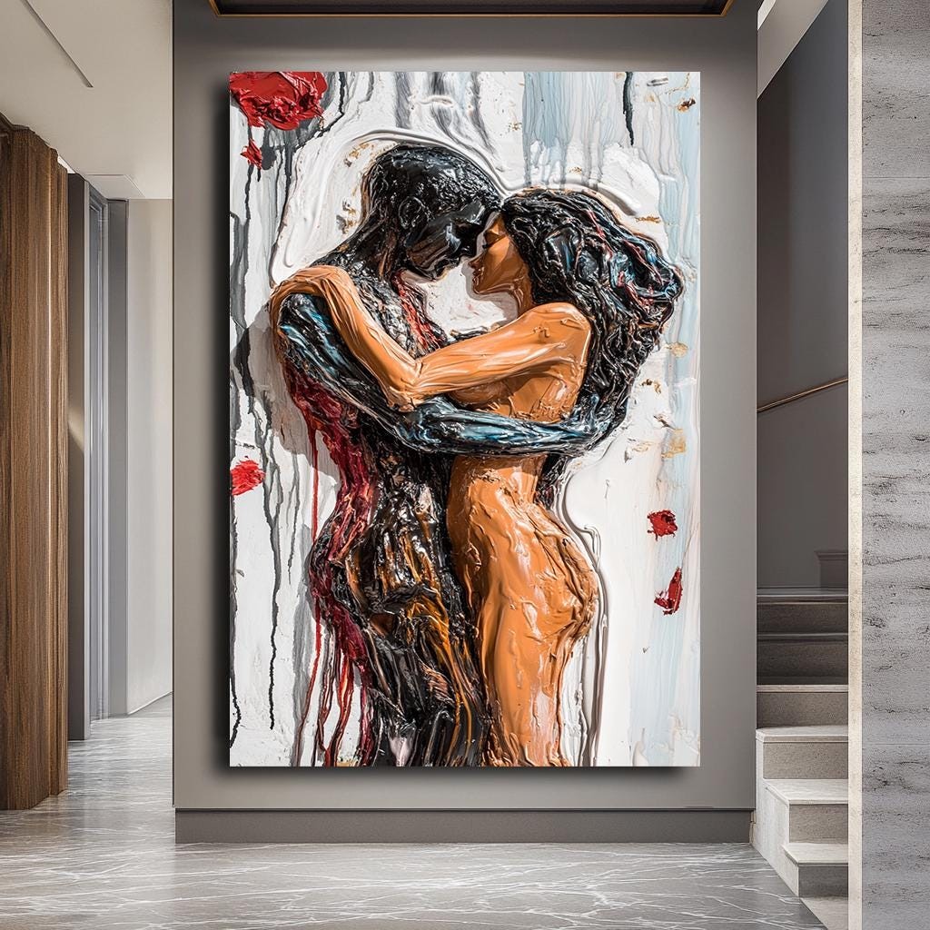 Romantic Couple Abstract Canvas Print, Passionate Lovers Wall Art, Mod